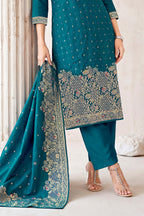 Teal Pashmina Zari Woven Unstitched Suit Material