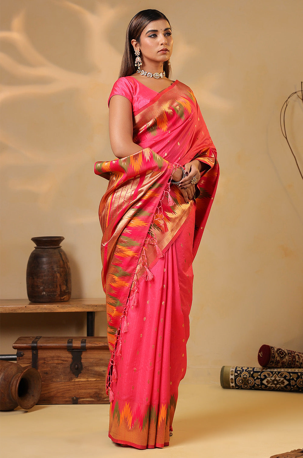 Strawberry Color Cotton Silk Woven Saree