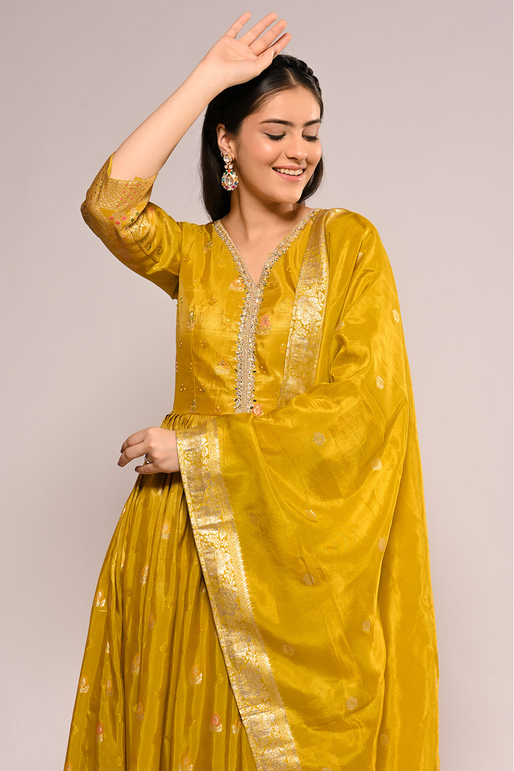 Mustard Color Mantellic Tissue Embroidered and Woven Anarkali Suit