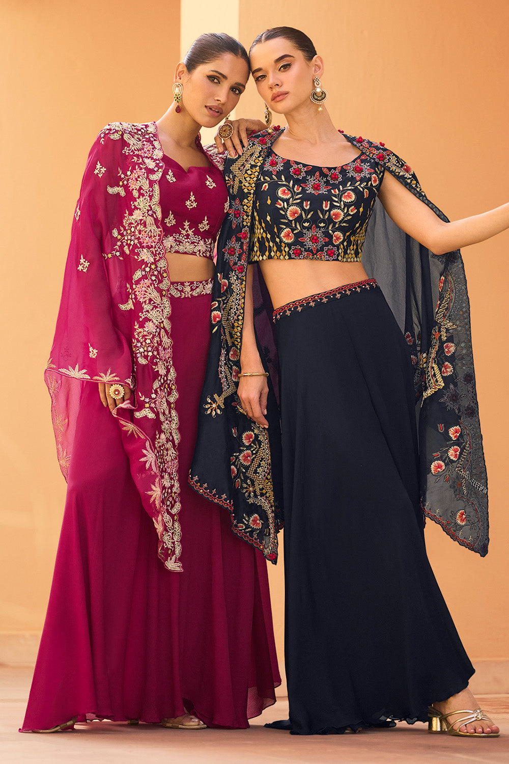 Magenta Organza Embroidered Crop-Top Dress With Shruge Stlye Dupatta And Palazzo