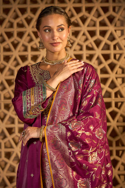 Wine Silk Embroidered Unstitched Suit Material With Banarsi Dupatta