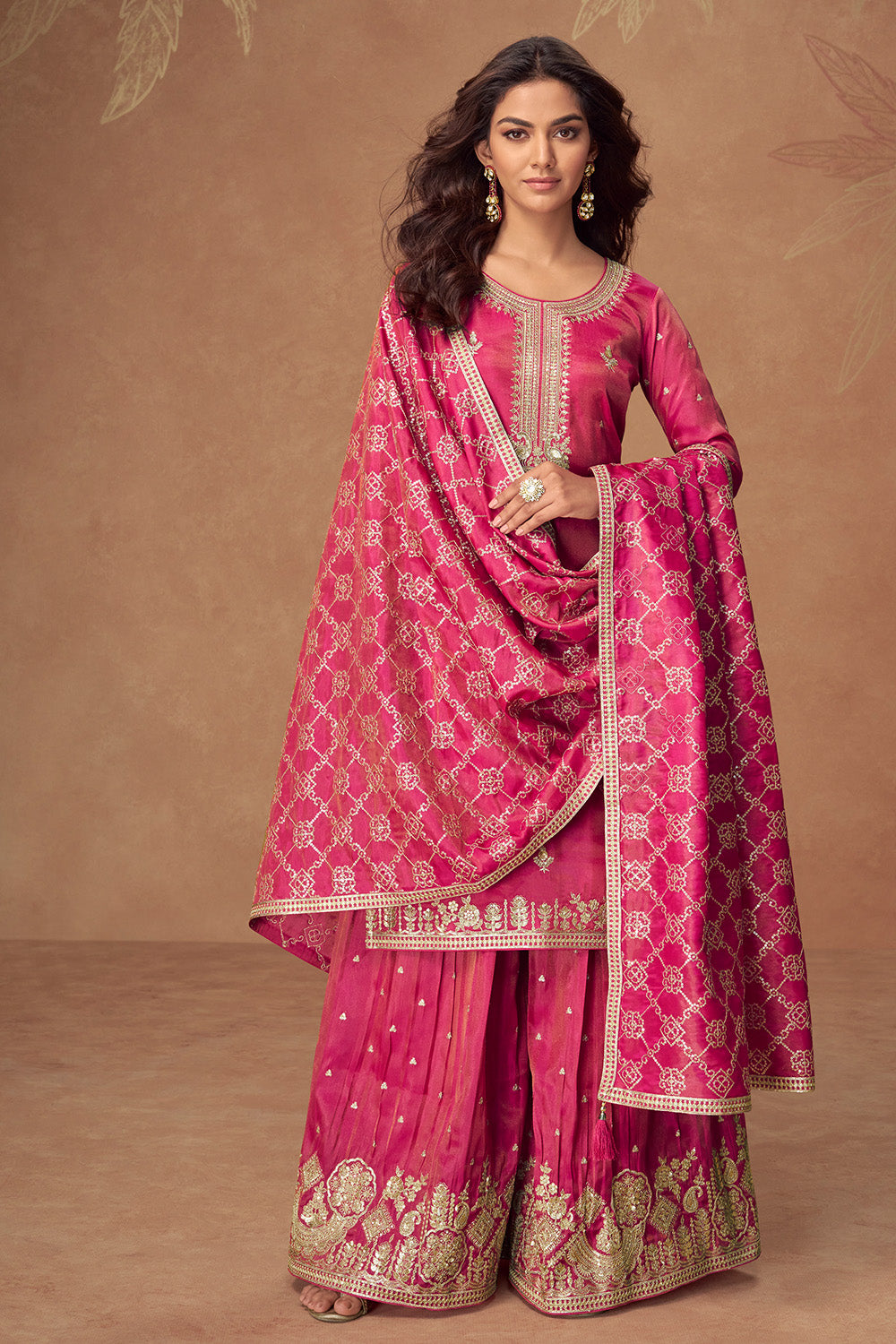 Magenta Silk Zari And Sequins Embroidered Suit With Embroidered Palazzo