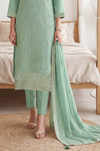 Turquoise Green Georgette Resham Embroidered And Swaroski Work Unstitched Suit Material