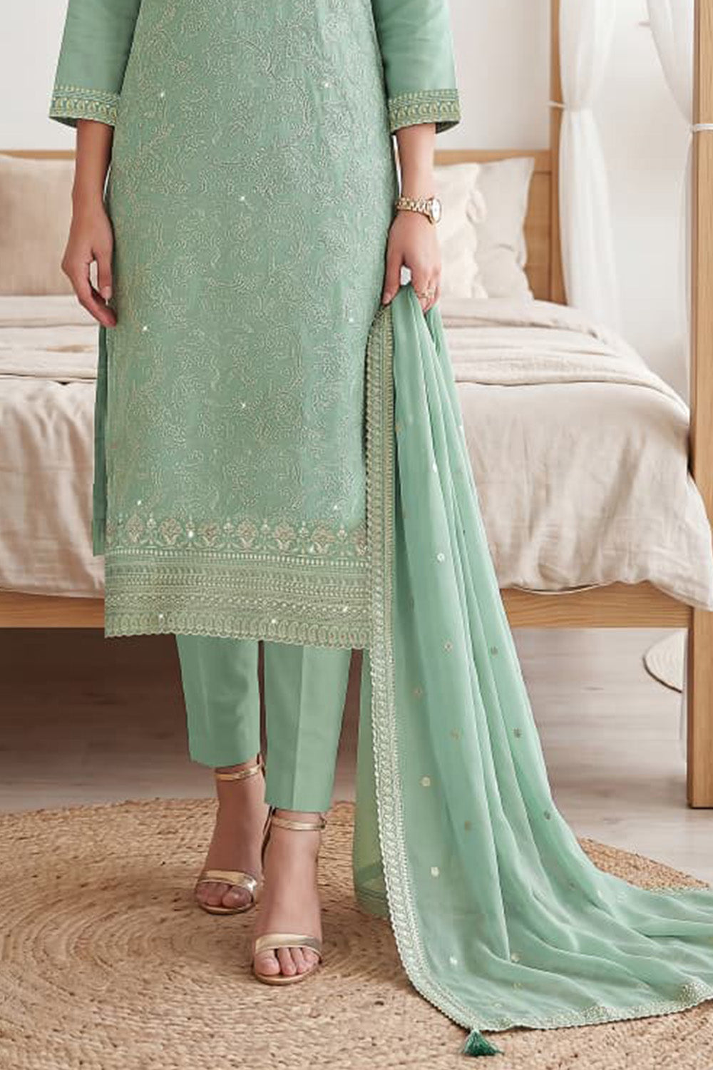 Turquoise Green Georgette Resham Embroidered And Swaroski Work Unstitched Suit Material