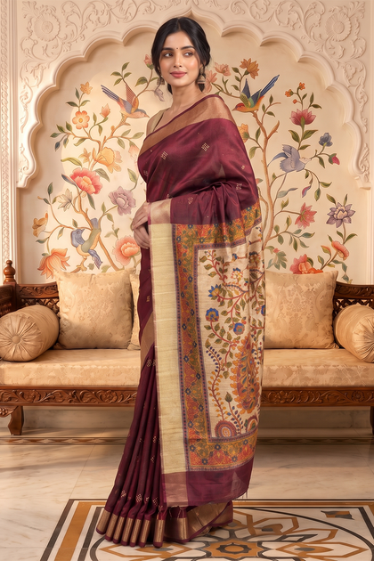 Maroon Cotton Printed And Woven Border Saree