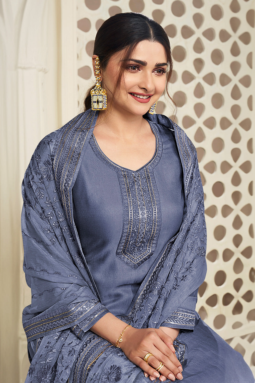 Prussian Blue Color Chinon Resham Embroidered Unstitched Suit Material