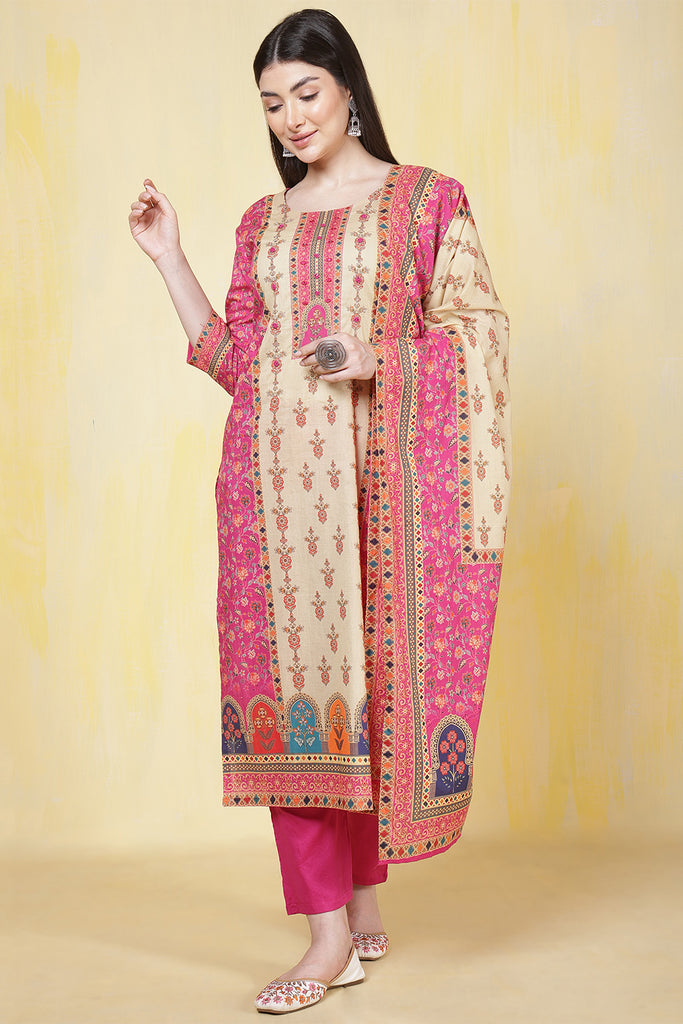Magenta Pink & Beige Cotton Floral Printed Suit