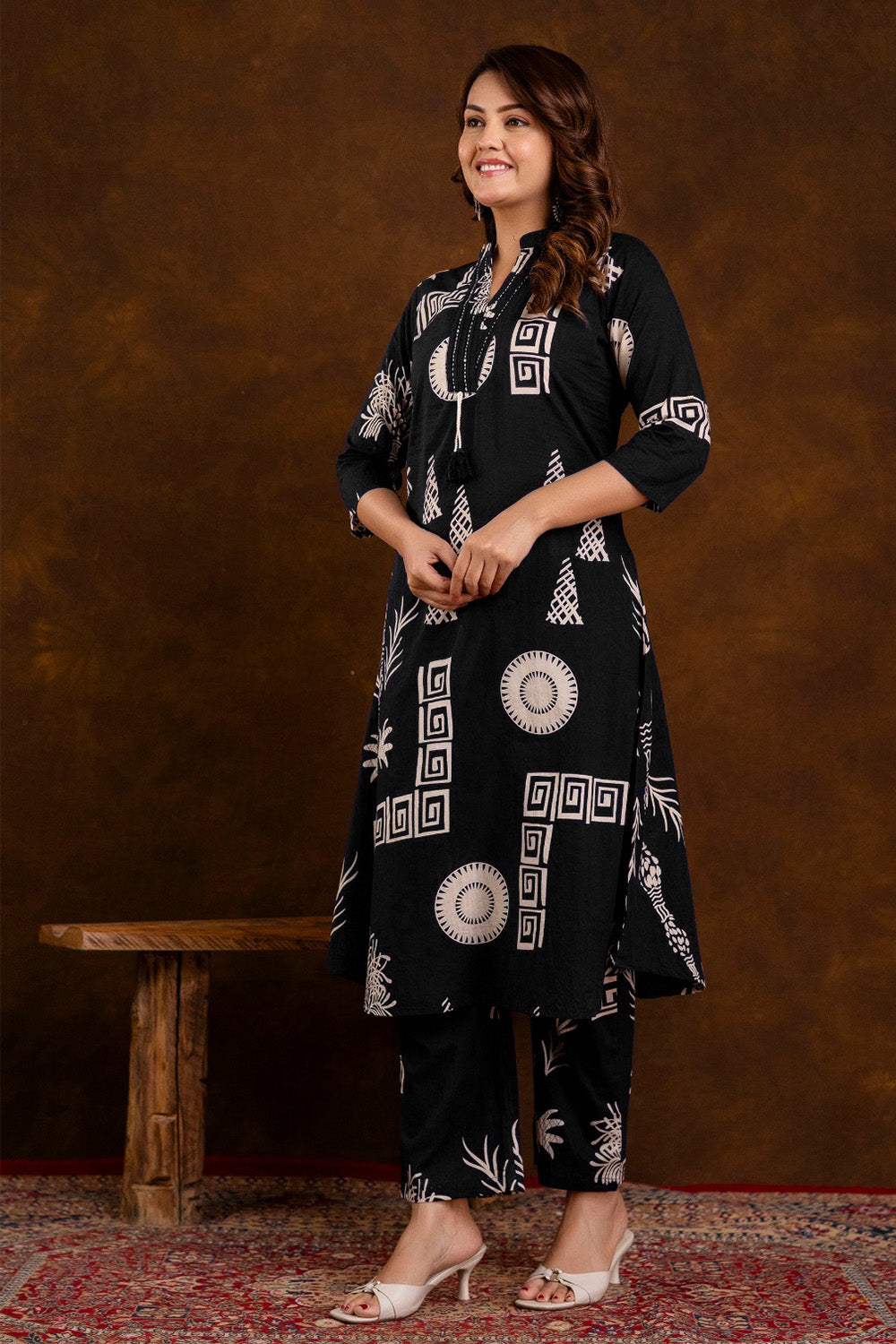 Black Block Printed Cotton Printed Kurta Set