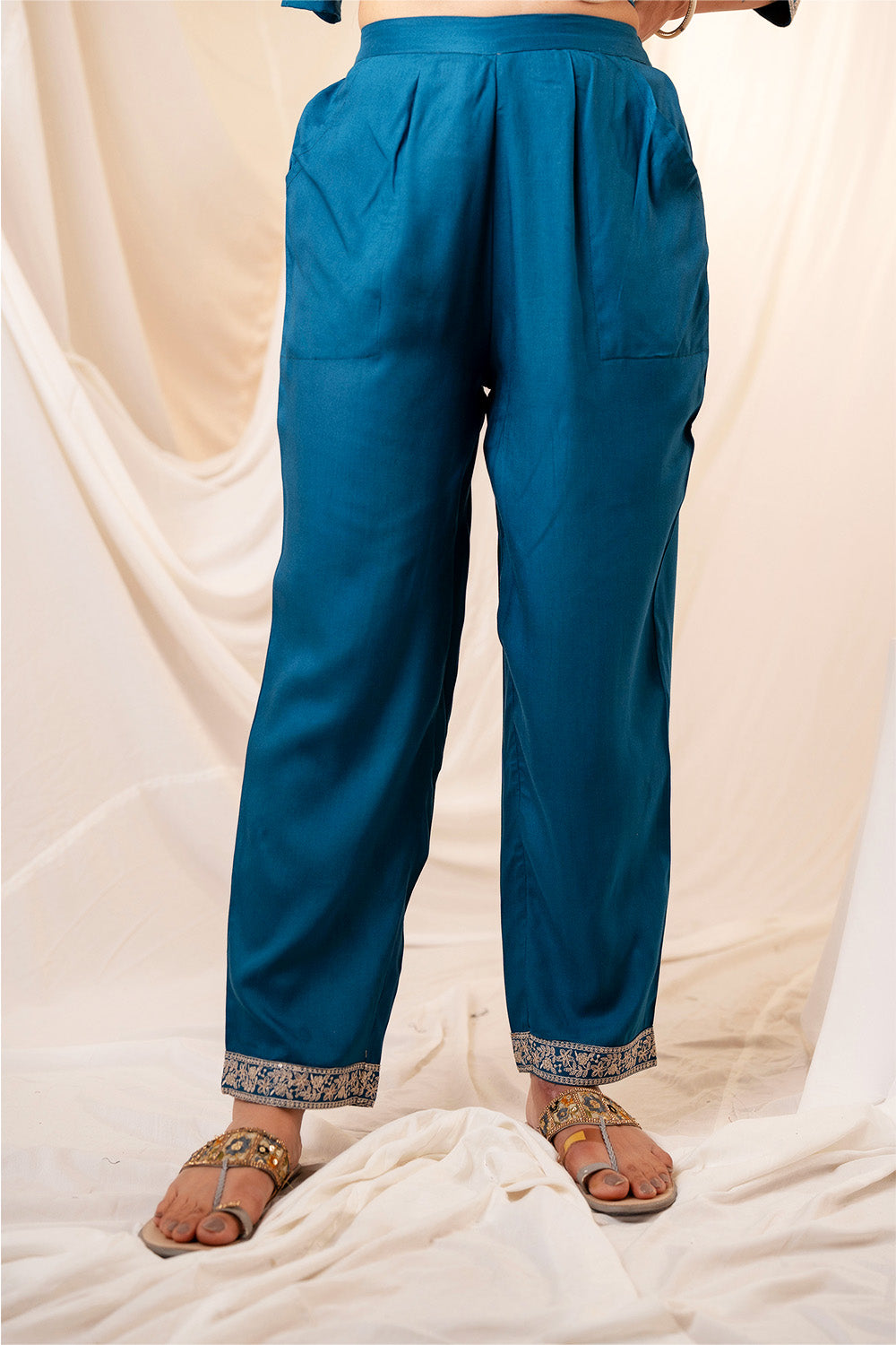 Teal Color Rayon Neck Embroidered Suit
