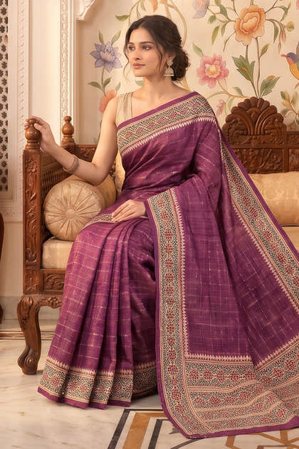 Purple Tussar Silk Printed And Zari Taar Woven Saree