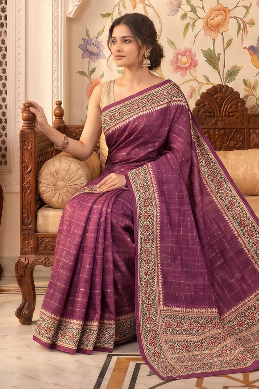 Purple Tussar Silk Printed And Zari Taar Woven Saree