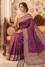 Purple Tussar Silk Printed And Zari Taar Woven Saree