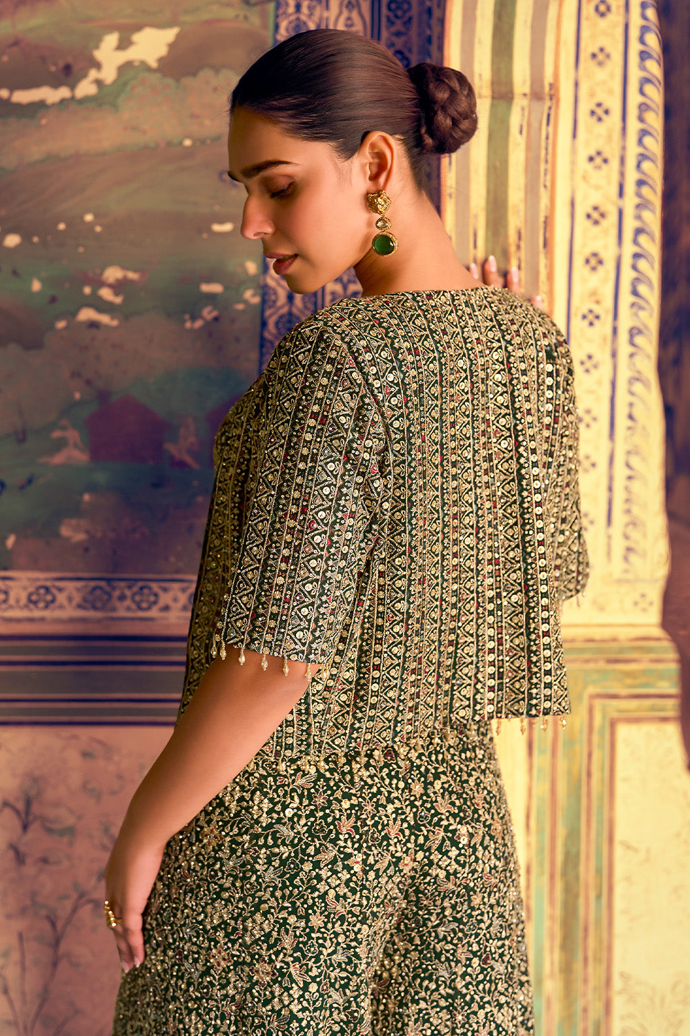 Green Embroidered Crop-Top Palazzo Indo-Western Dress With Embroidered Jacket