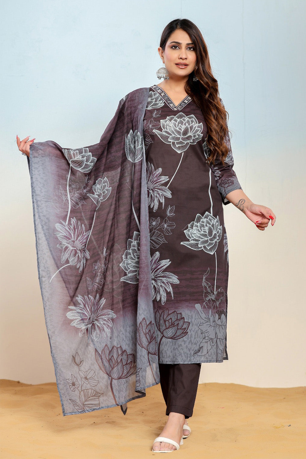 Brown Cotton Floral Printed Suit Set