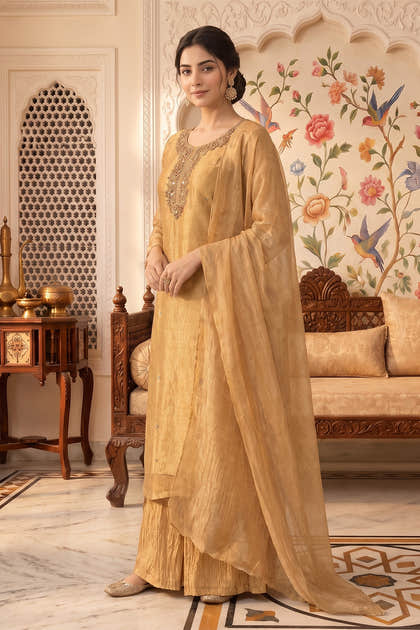 Fawn Metallic Tissue Neck-Embroidered Suit