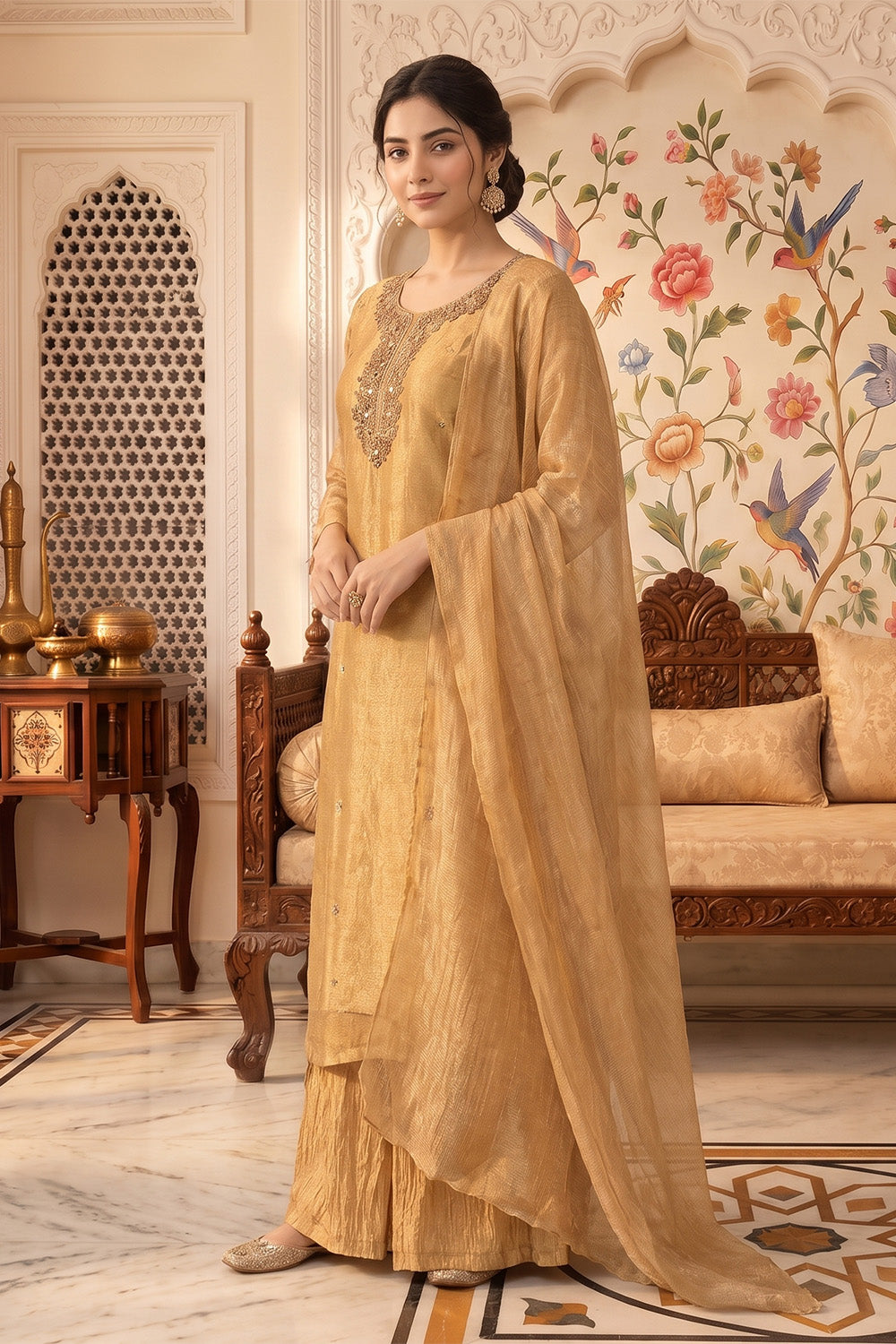 Fawn Metallic Tissue Neck-Embroidered Suit