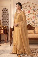 Fawn Metallic Tissue Neck-Embroidered Suit