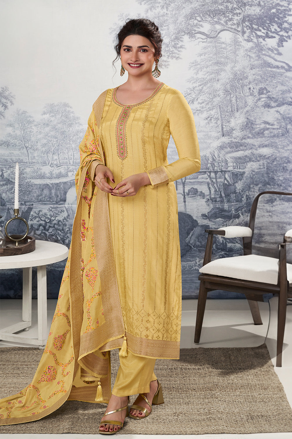 Yellow Color Chanderi Silk Zari Woven Unstitched Suit Material