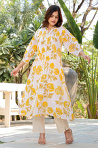 Cream & Yellow Cotton Floral Printed Kurta Set