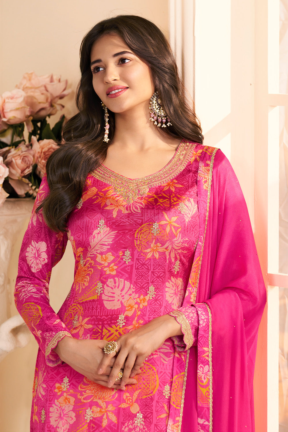 Magenta Pink Chinone Silk Floral Printed And Embroidered Unstitched Suit Fabric