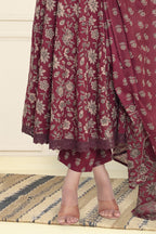 Dark Scarlet Cotton Floral Printed Anarkali Suit Set