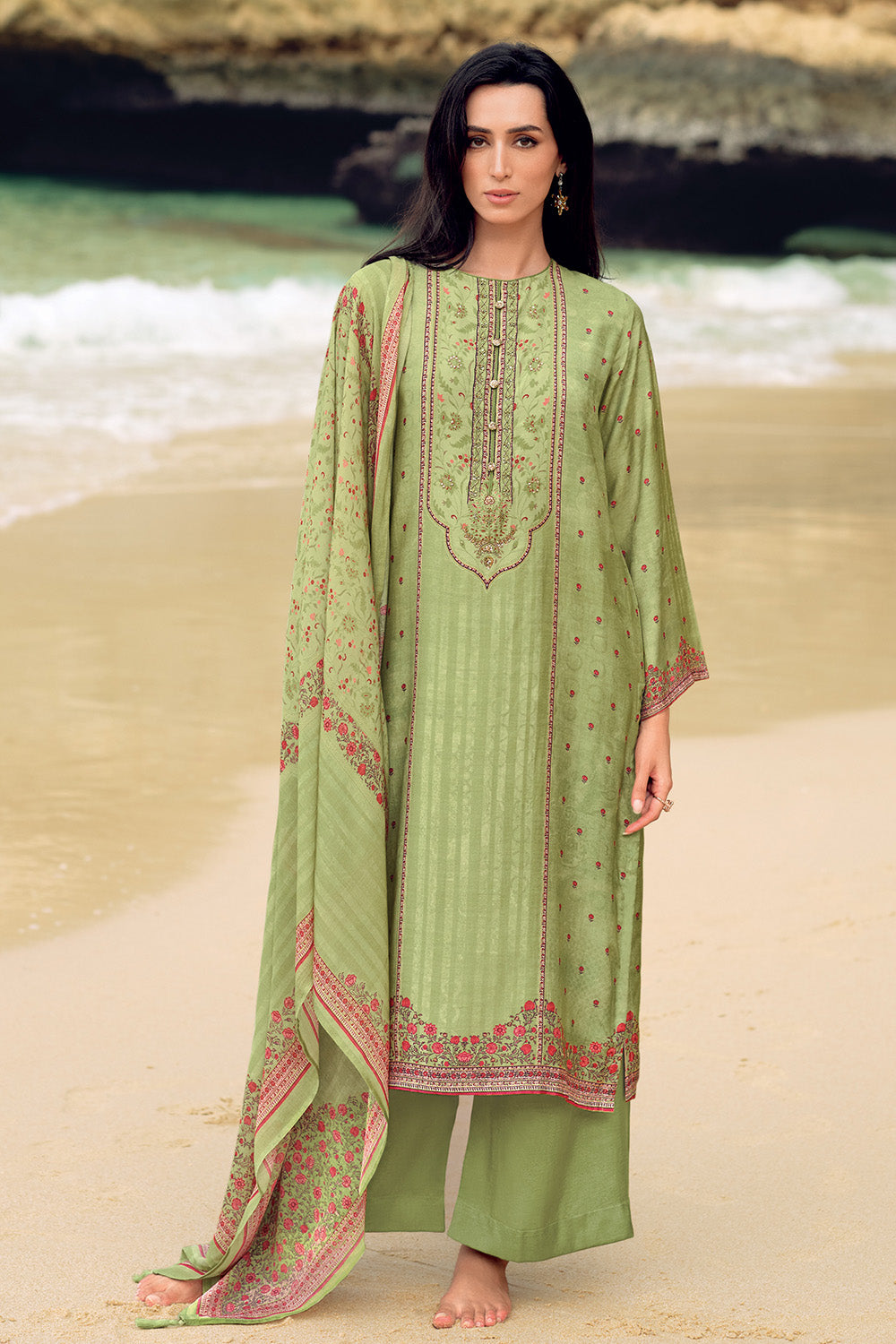 Green Color Cotton Silk Printed Unstitched Suit Material