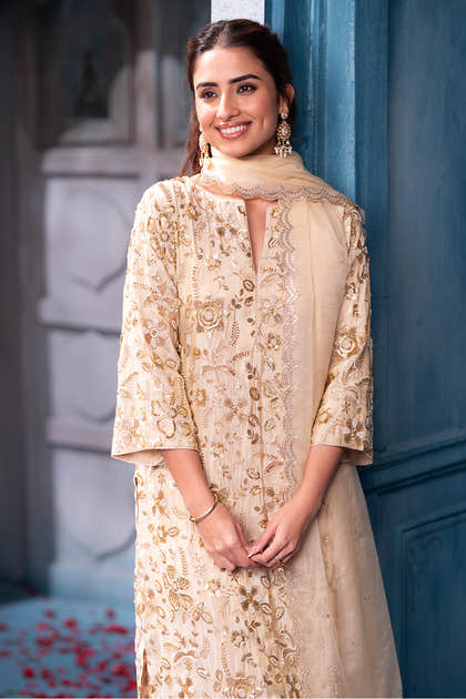 Cream Metallic Tissue Cut-dana And Sequins Embroidered Suits