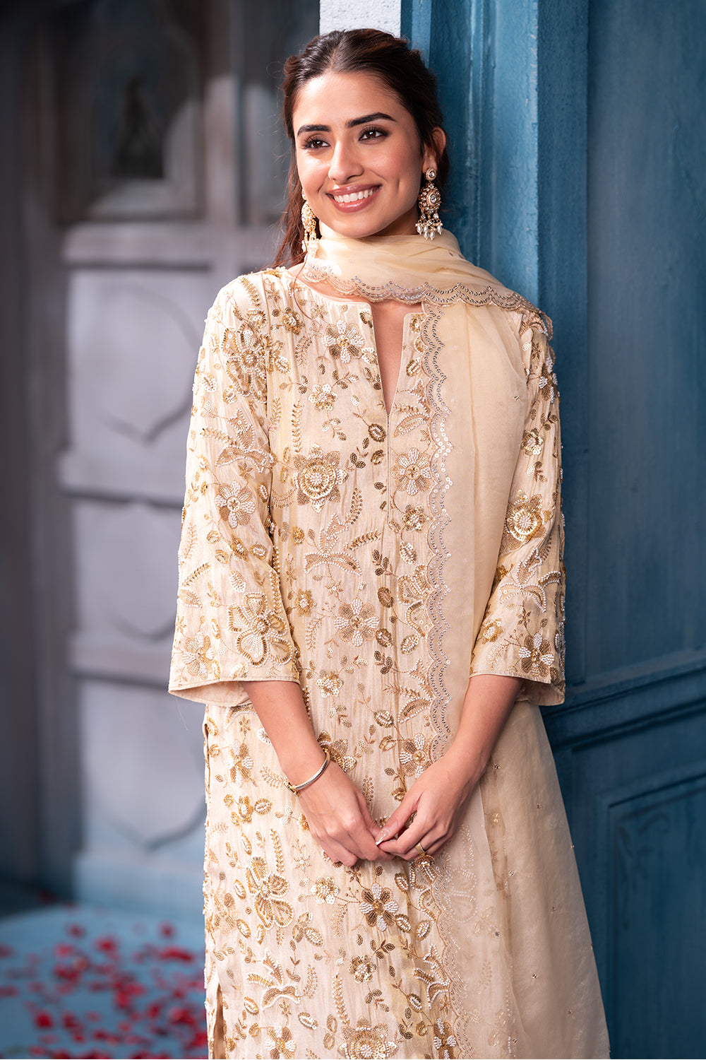 Cream Matelic Tissue Cut-dana And Sequins Embroidered Suits