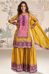 Mustard Crepe Silk Mirror And Swarovski Embroidered Printed Suit With Gharara