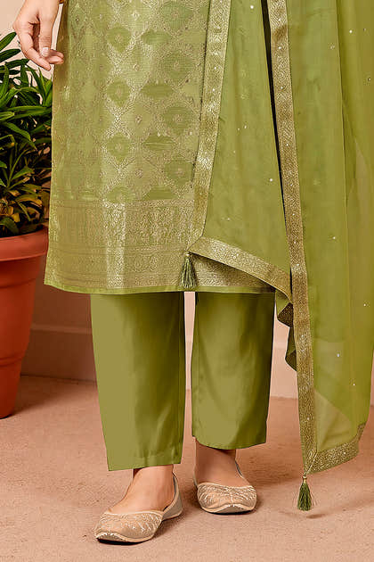 Green Silk Woven Unstitched Suit Fabric