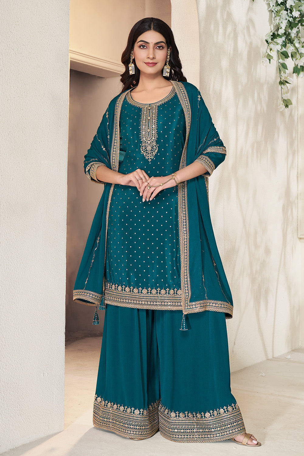 Teal Crepe Silk Zari Embroidered Suit With Embroidered Palazzo
