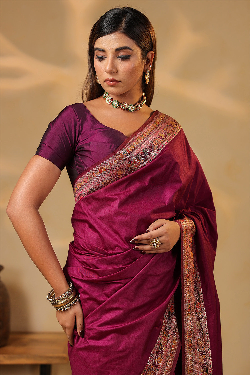 Dark Scarlet Soft Silk Kalamkari Woven Saree