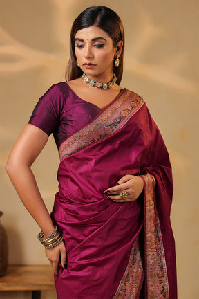 Dark Scarlet Soft Silk Kalamkari Woven Saree