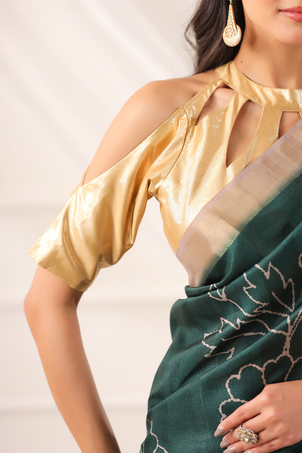 Bottle Green Tussar Silk Floral Printed and Zari Woven Saree