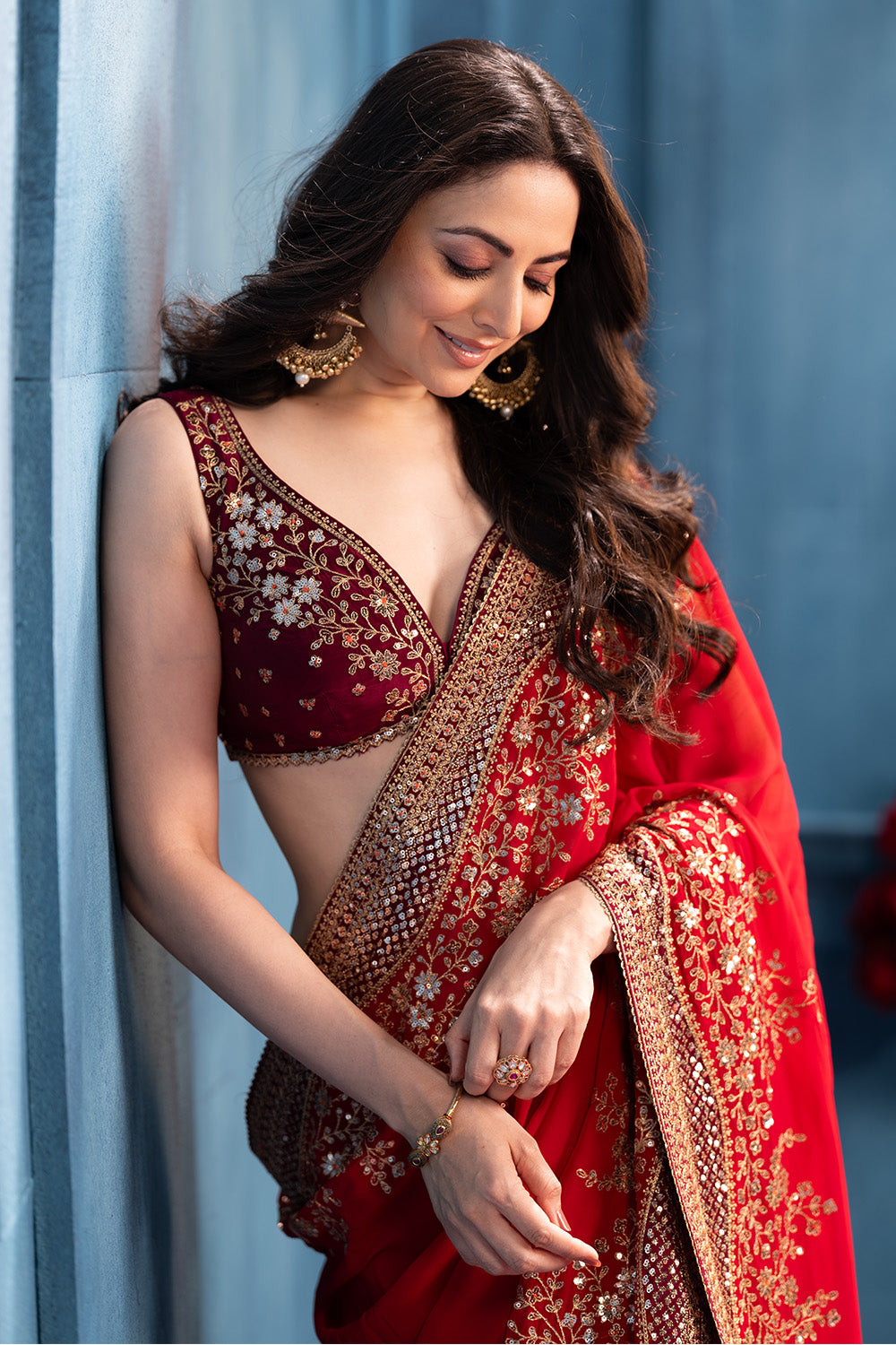 Rubi Red Pure Georgette Sequins Floral Embroidered Saree