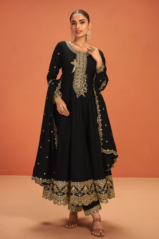 Black Crepe Silk Zari and Sequins Embroidered Anarkali Suit