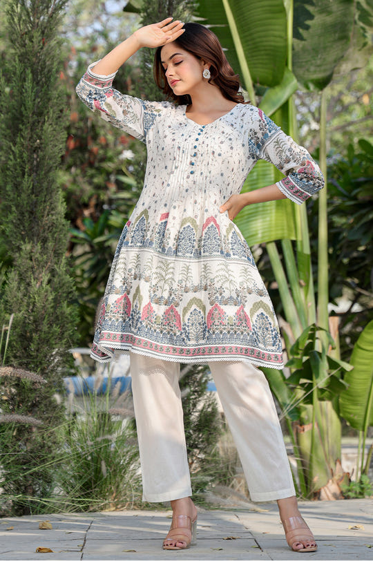 Cream Floral Printed Cotton Kurta Set