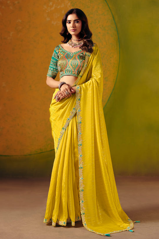 Yellow Organza Border Embroidered Saree With Banarsi Woven Readymade Blouse