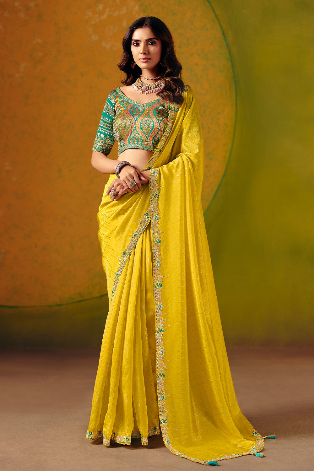 Yellow Organza Border Embroidered Saree With Banarsi Woven Readymade Blouse