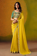 Yellow Organza Border Embroidered Saree With Banarsi Woven Readymade Blouse