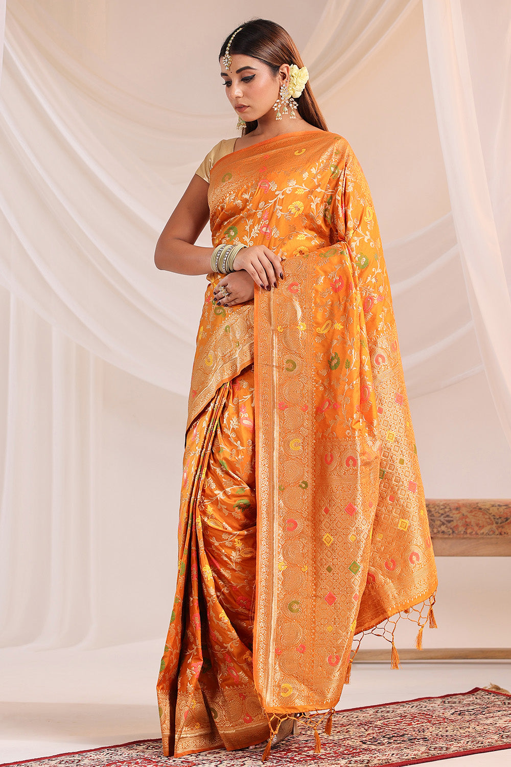Mustard Resham & Zari Floral Woven Silk Saree