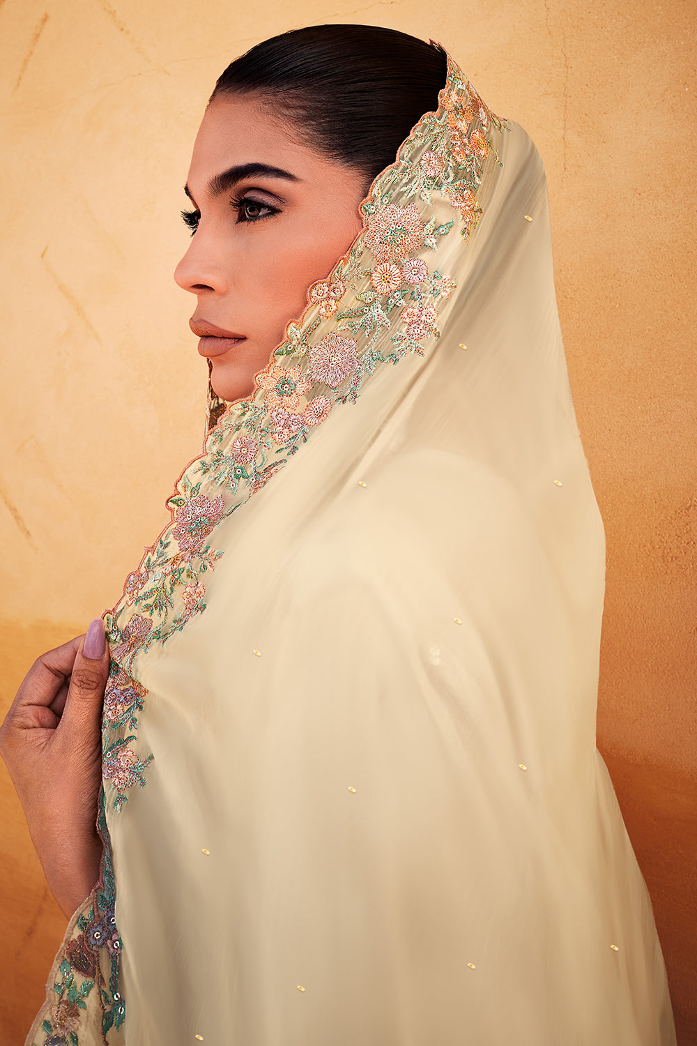 Cream Color Embroidered Organza Unstitched Suit Material