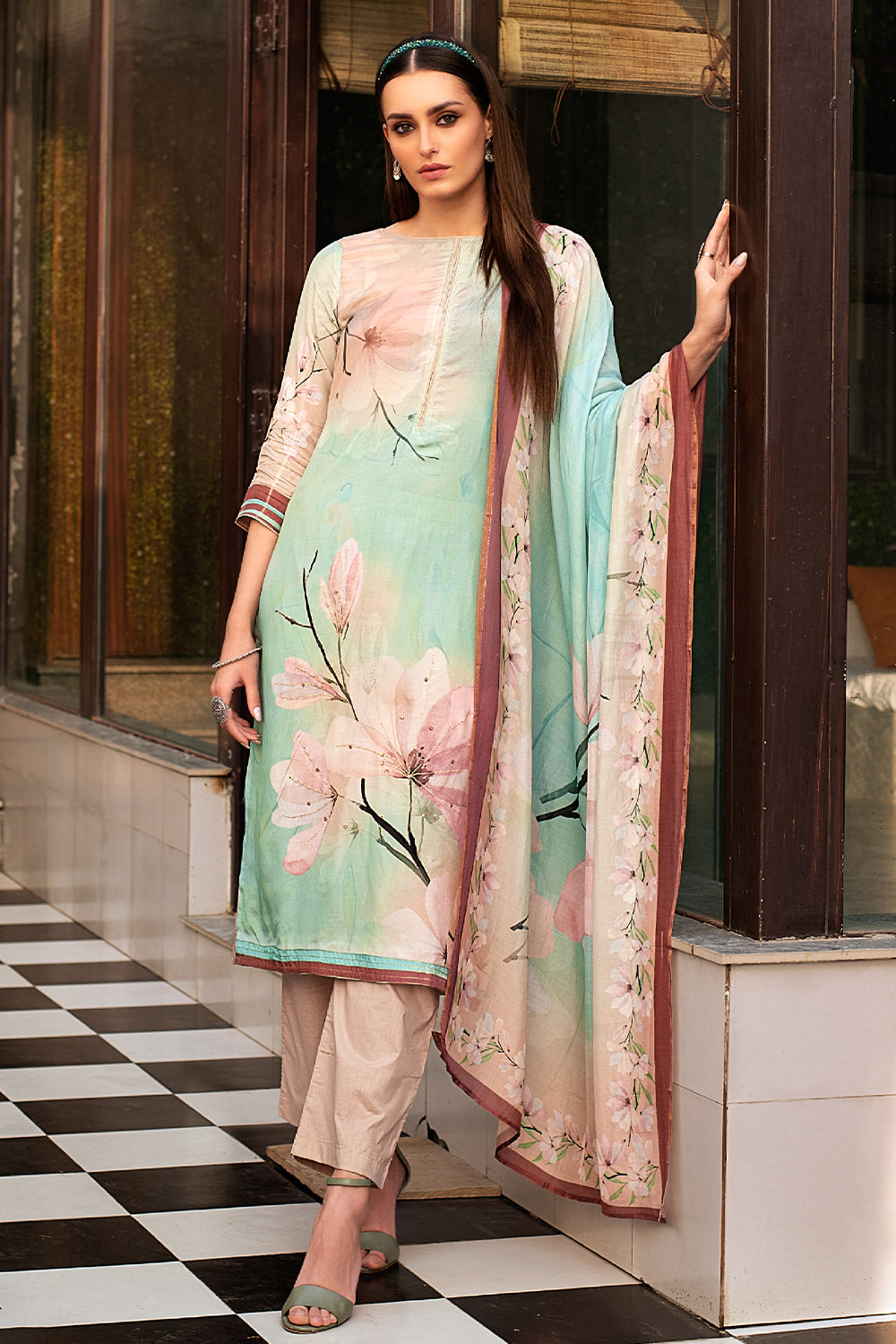 Mint Green Color Printed Crepe Silk Unstitched Suit Material