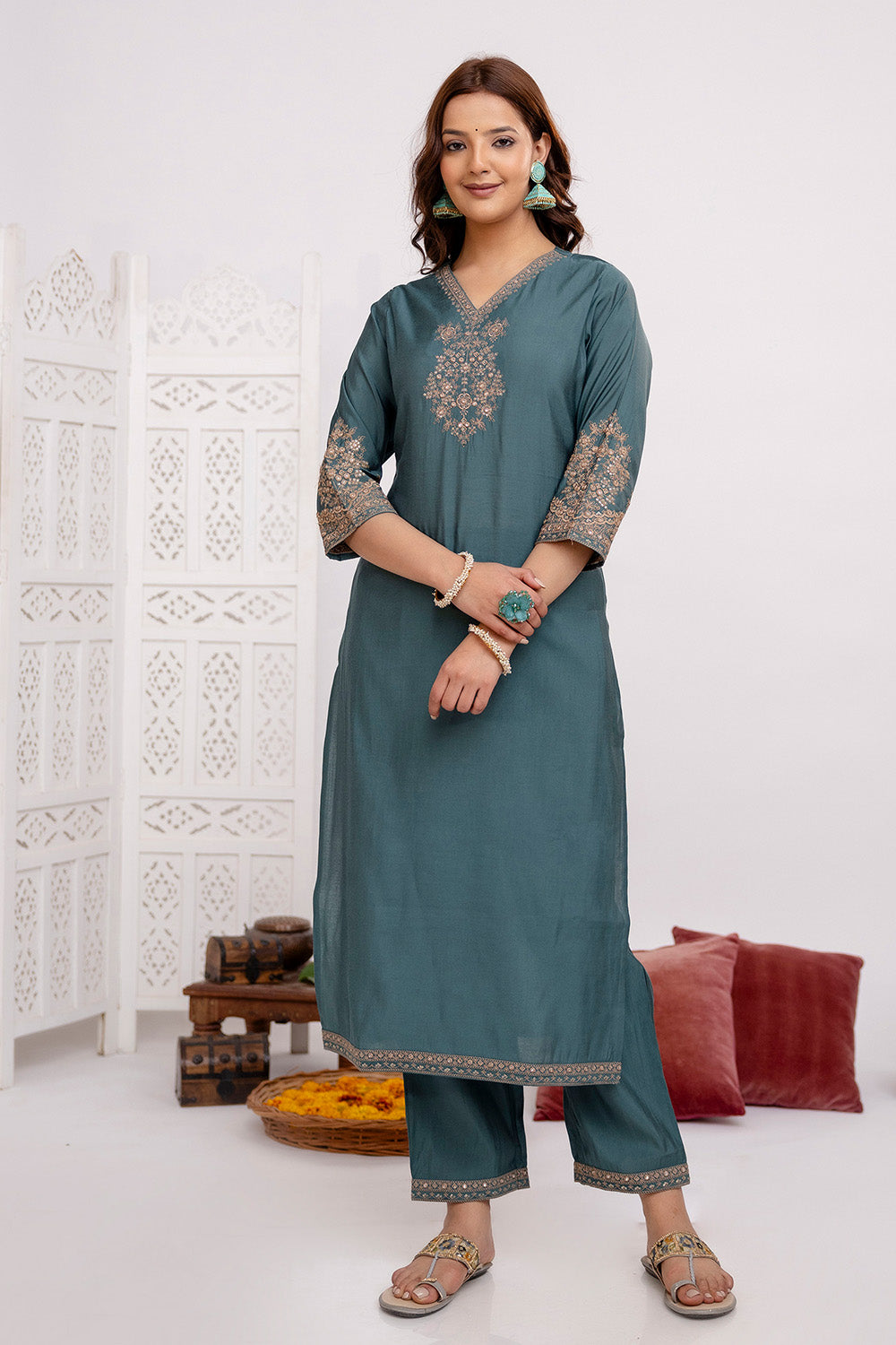 Green Color Muslin Resham Embroidered Straight Suit Set