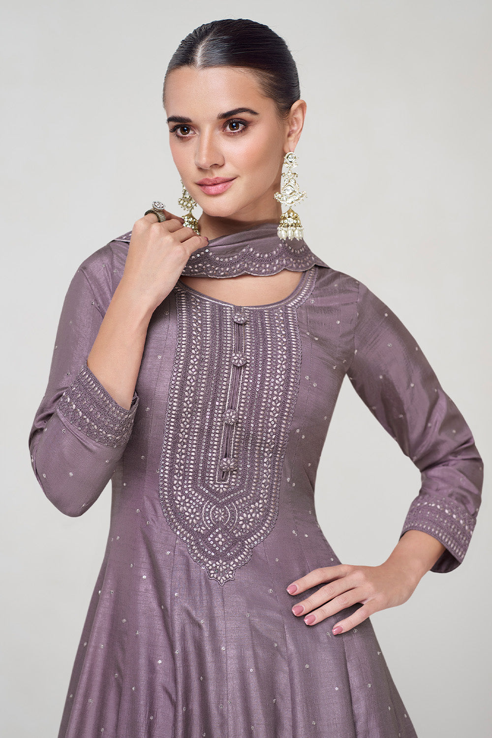 Old Lavender Color Silk Embroidered Anarkali Kurti