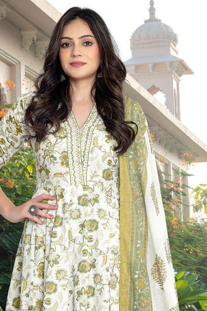 Cream & Mustard Cotton Floral Printed Floor Lenght Anarkali Suit