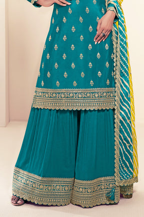 Teal Silk Embroidered Unstitched Suit Material With Readymade Palazzo