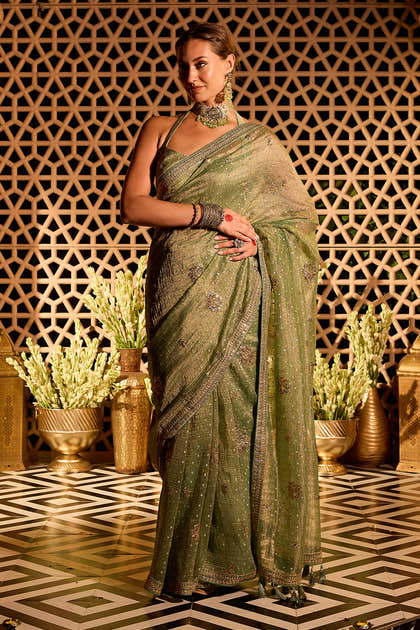 Seagreen Sequins Embroidered Salsa Tissue Saree