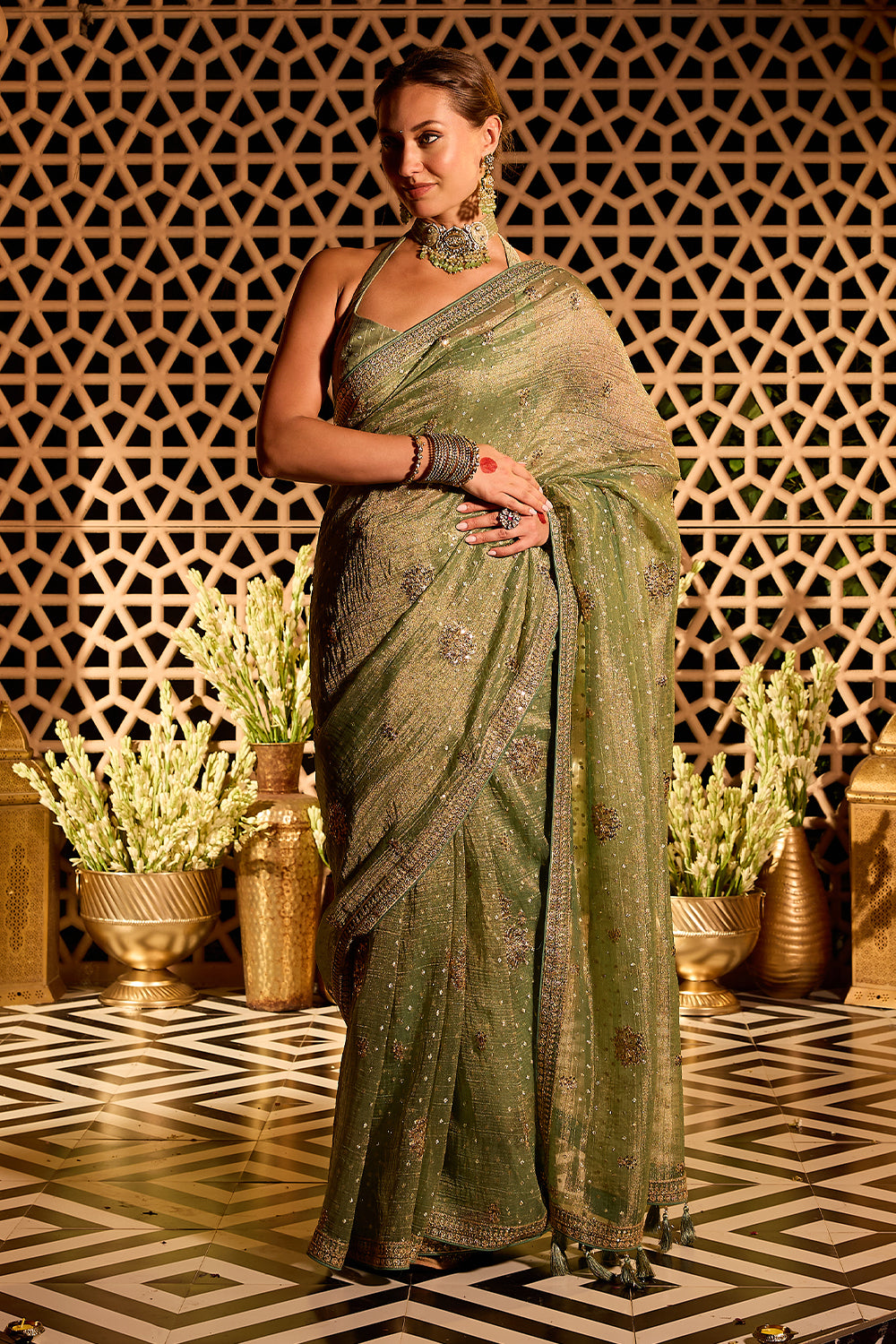 Seagreen Sequins Embroidered Salsa Tissue Saree