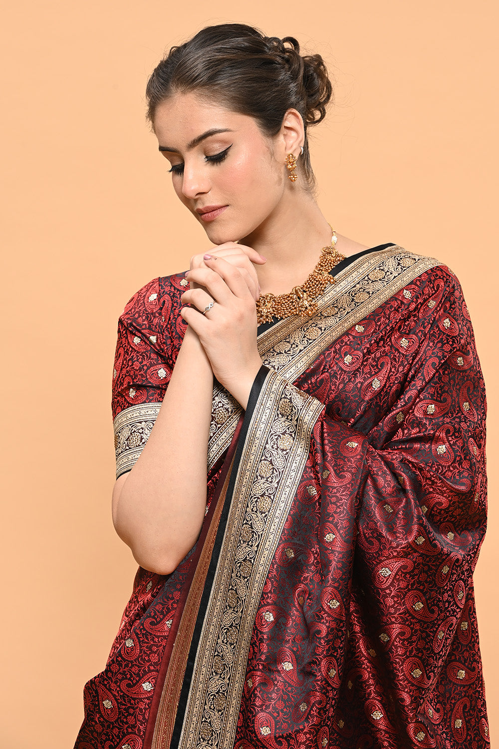 Black & Maroon Color Banarasi Silk Woven Saree